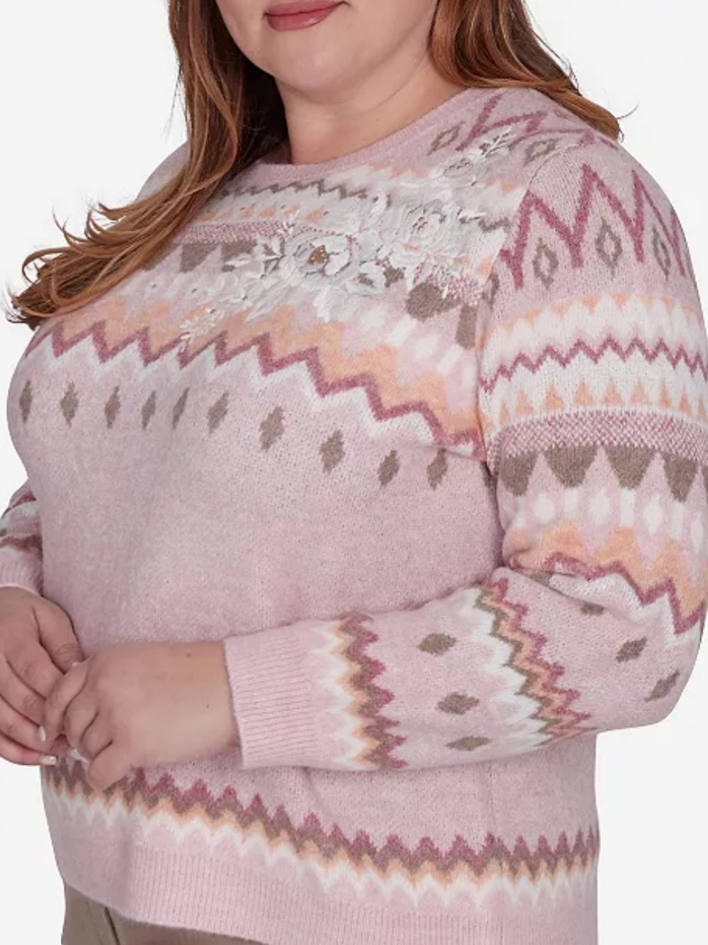 Alfred Dunner Telluride Pink‎ Fair Isle Crewneck Embroidered Sweater. 3X. NWT.